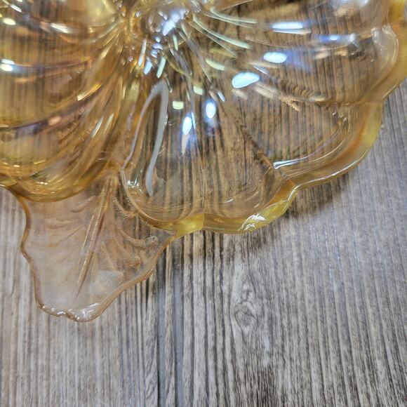 2 Jeannette Glass Clover 3 Part Candy Dish Marigold Iridescent Doric - Picture 3 of 3